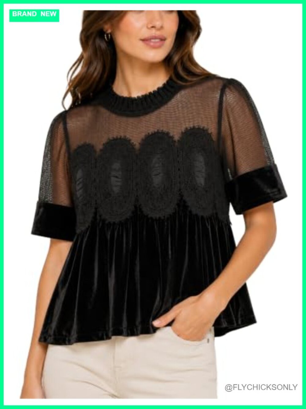 Velvet Lace Babydoll Blouse Short Sleeve Boho Crop Top